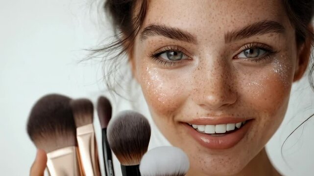 Close-up of a woman applying makeup with a soft brush, enhancing her flawless skin.