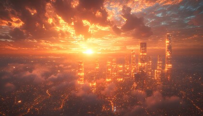 Fototapeta premium Stunning sunset over futuristic city skyline with glowing buildings, dramatic clouds, and vibrant colors illuminating the horizon in a breathtaking display of nature and technology.