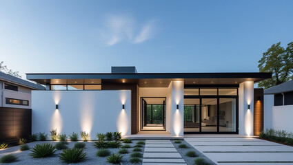 Beautiful modern style luxury home at sunset, featuring entrance and elegant design