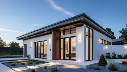 Beautiful modern style luxury home at sunset, featuring entrance and elegant design