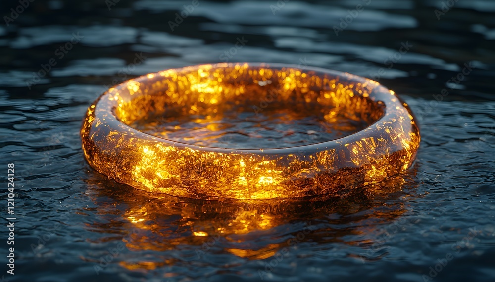 Poster Glowing Circular Object Floating on Water Reflecting Light with a Stunning Golden Glow in a Serene Environment