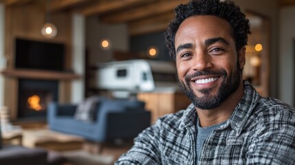 Obraz premium Smiling Man in Cozy Living Room Setting