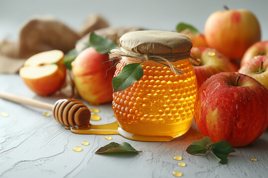 A jar of honey is on a table with apples and leaves