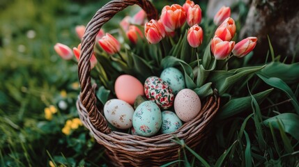 Easter basket filled with pastel eggs and tulips on grass, soft natural light, high detail, vibrant and cheerful, inviting and cozy springtime decoration