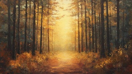 Fototapeta premium Enchanted forest path with golden light filtering through tall trees oil painting