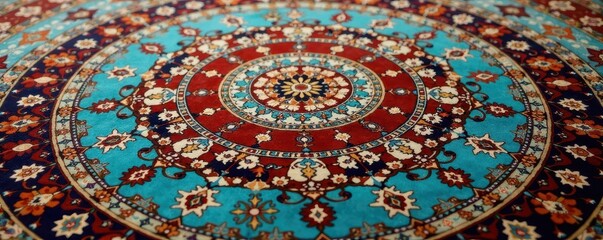 Intricate round Persian carpet mandala Turquoise, blue, brown, red accents , white, mandala