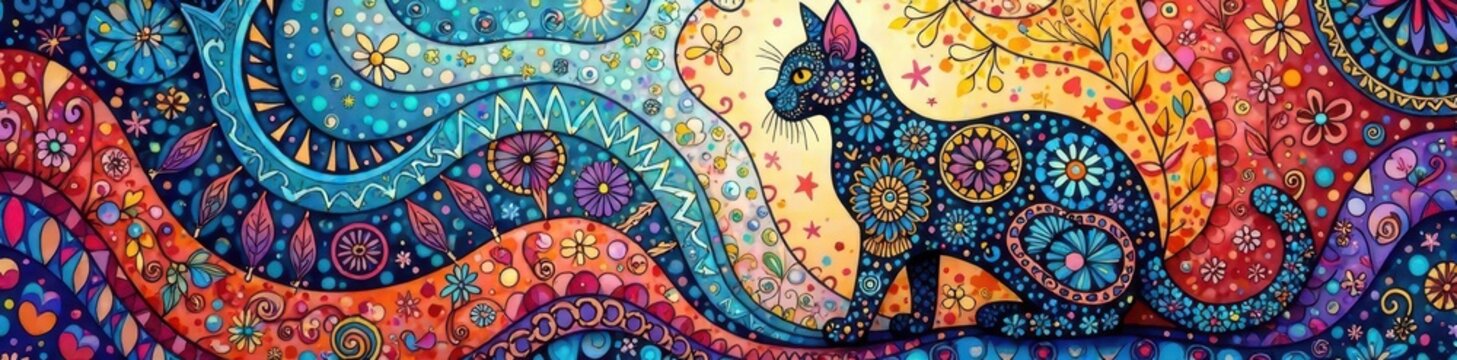 Intricate Zentangle cat, abstract patterns Relaxing design , black and white, calming