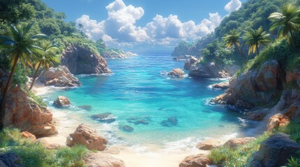 Fototapeta premium A serene tropical beach scene with clear waters and lush greenery.