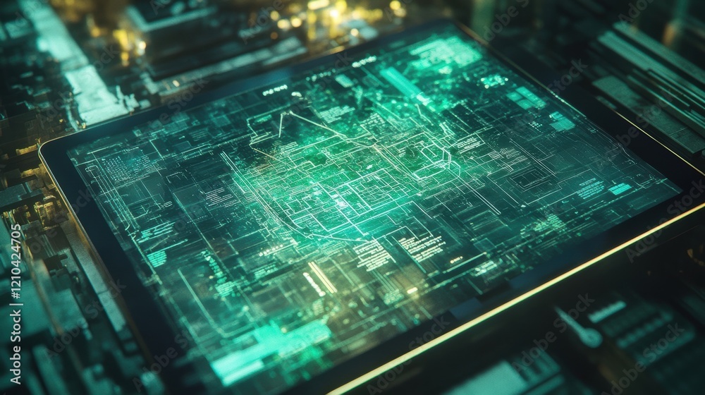 Poster futuristic tablet displaying intricate schematics and data flow, positioned on a complex circuit boa
