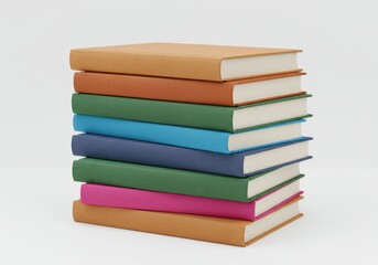 A neat stack of hardcover books in different colors with visible spines and pages, isolated on a white background