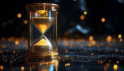 Elegant hourglass with golden sand set against a dreamy dark background filled with sparkling bokeh lights creating a mesmerizing and timeless ambiance in the scene.