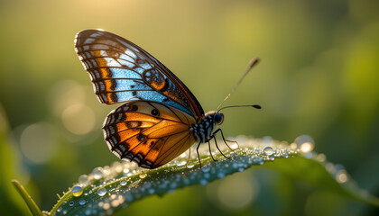 Obraz premium Blue and orange butterfly on dewy leaf at sunrise.
