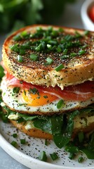 "Side-View of Brioche Toast with Prosciutto, Fried Eggs, and Dripping Hollandaise Sauce on White Plate"