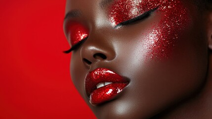 Obraz premium Stunning Beauty with Glittery Red Makeup