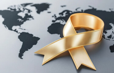  Golden ribbon awareness on global map background. . Ribbon awareness childhood cancer. 