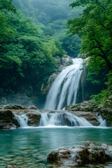 Cascading Waterfall in Lush Verdant Forest Creating Serene Natural Escape : Generative AI