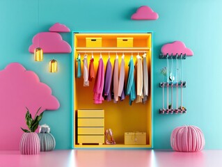 Vibrant wardrobe showcasing colorful clothing in a playful room.