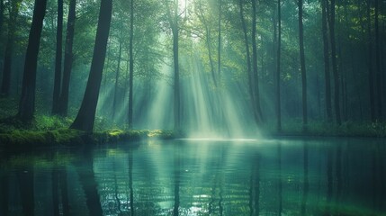 Fototapeta premium Sunbeams illuminate misty forest creek, tranquil scene
