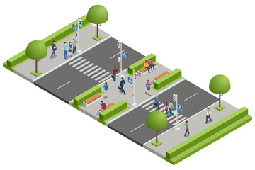 An isometric city design of multiple pedestrian crossings with vehicles stopping at signals. Pedestrians are walking, waiting, or crossing safely.