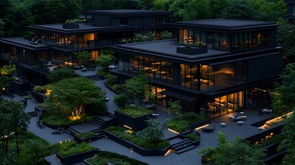 Obraz premium Modern architectural design of luxury villas surrounded by lush greenery at twilight