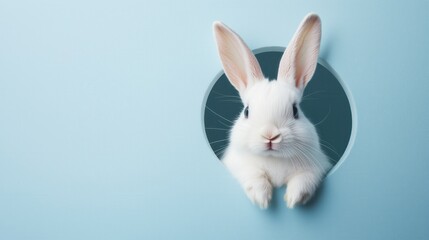 Fototapeta premium A fluffy white Easter bunny peeks adorably through a circular hole, its curious eyes and twitching nose adding a playful touch.