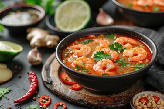 Tom yam with shrimp. Bowl of Asian spicy soup with seafood. Top view