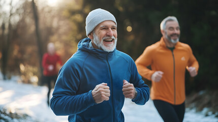Senior men jogging in winter park keeping fit and healthy in cold weather : Generative AI