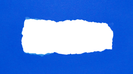Blue torn paper or cardboard message backdrop with rough edges and blank copy space for text in the middle, png template on transparent background design element