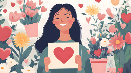 opening a heartfelt Valentine's card with a smile, surrounded by flowers and gifts 