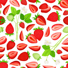 Sweet Strawberry Seamless Pattern Design with Ripe Bright Berry Vector Template