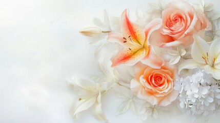 Peach roses, lilies, and hydrangeas on white background.