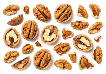 A collection of shelled walnut halves and pieces spread randomly isolated on a white background