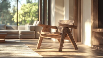 A rustic wooden chair without a backrest placed in a minimalist living room, surrounded by natural light streaming through large windows, creating a calm and inviting atmosphere.