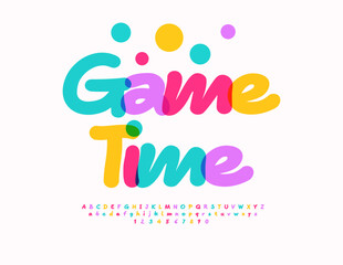 Vector Colorful flyer Game Time. Festivity Playful Font for Kids. Joyful Alphabet Letters and Numbers set. 