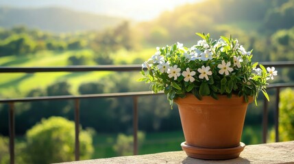 A small jasmine plant in full bloom growing in a clay pot, placed on a sunny balcony with a scenic view of a vibrant green landscape.