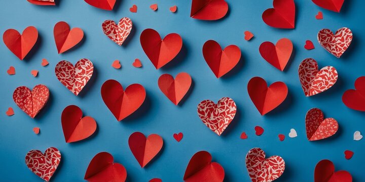 Colorful paper hearts scattered on a blue background create a festive and romantic setting for celebrations and crafts