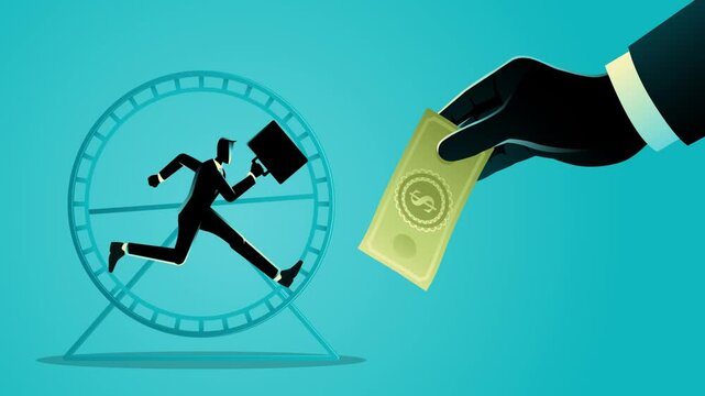 Businessman running on a hamster wheel, desperately reaching for dollars held by giant hands. Symbol of rat race, corporate exploitation, and the illusion of success through empty promises