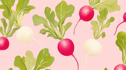 Radishes pattern. Pink background, red and white radishes with green leaves. Food photography.