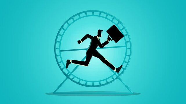 Businessmen competing in hamster wheels, symbolizing the endless cycle of the corporate rat race