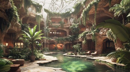 Obraz premium Lush Jungle Indoor Pool, Cave Resort Relaxation