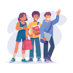 Obraz premium Man and Woman Student Character with Backpack Stand Together Wave Hand Vector Illustration