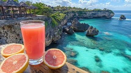 Obraz premium Pink grapefruit juice cliffside ocean view