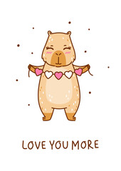 Cute сartoon capybara with heart decor - funny animal for Your Valentines day design