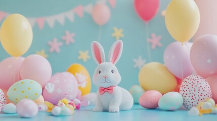 Fototapeta premium Easter scene with bunny and colorful eggs, soft pastel background, bright and cheerful, high detail, vibrant and inviting festive decoration