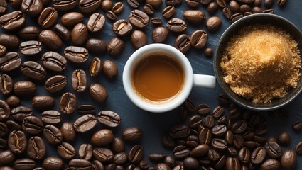 Fototapeta premium Rich espresso coffee with roasted beans and brown sugar