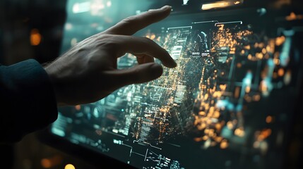 Hand Interacting With Futuristic Cityscape Interface