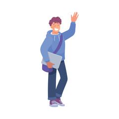 Man Student Character with Tablet Stand Waving Hand Vector Illustration