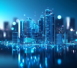 3D cityscape with buildings made of glass, blue background, blue light effect on the buildings