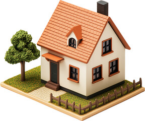 A tiny white house toy model isometric view isolated on transparent background