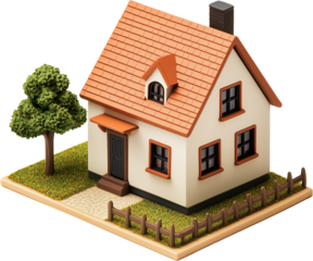 A tiny white house toy model isometric view isolated on transparent background